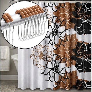 72" x 72" - Brown Floral Fabric Textured Glam luxury Shower Curtain With 12 Metal Roller Ball Hooks
