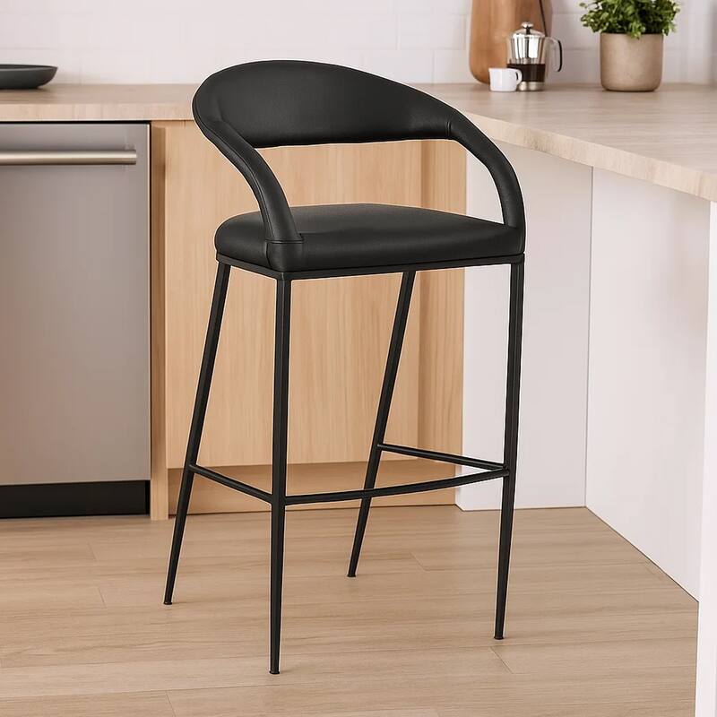 Monie Barstool Chair, Curved Floating Back, Black Faux Leather
