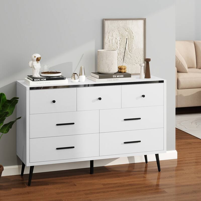 Moasis 47" W 6 Drawers Double Dresser for Bedroom, Chests of drawers - White - 7-drawer