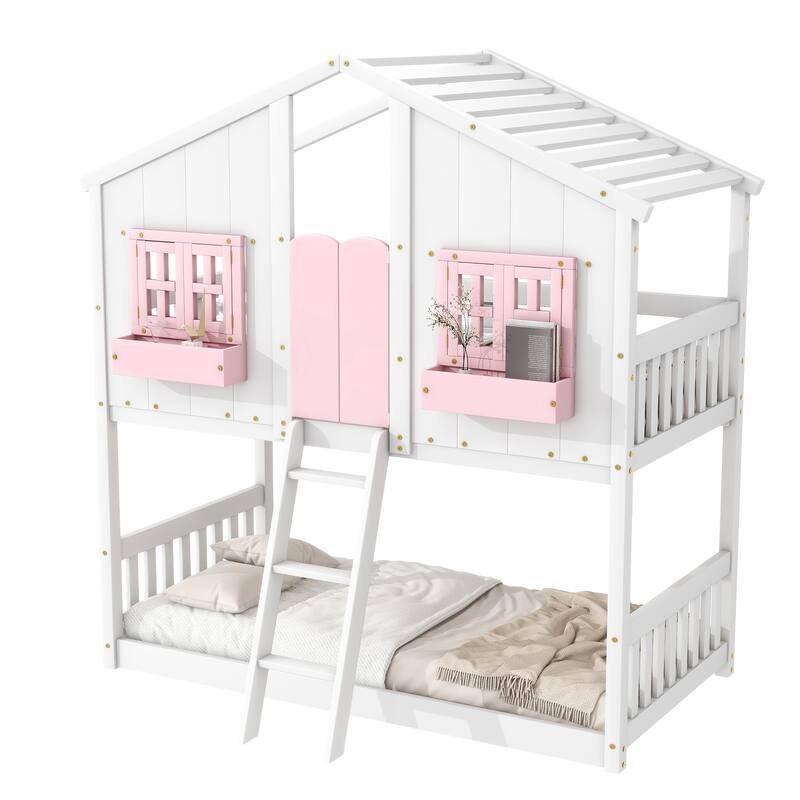 Pink/White Twin Over Twin House Bunk Bed with Roof, Window, Door, Safety Guardrails, and Ladder