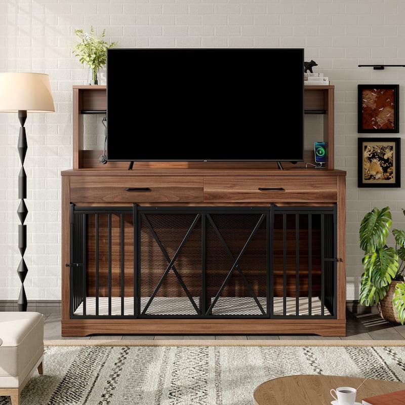 55.1" Dog Crate Furniture, Dog Cage Table with 2 Storage Drawers and Shelves, TV Stand Side End Table