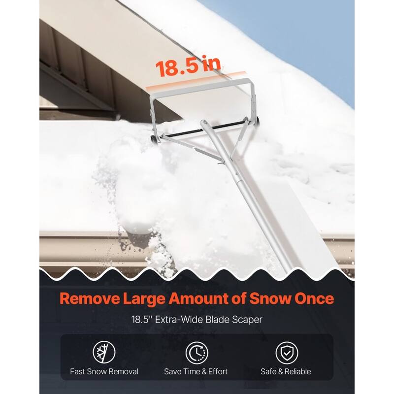 18.5-Inch Aluminum Roof Snow Rake with Adjustable Handle and Smooth Wheels for Easy Snow Removal - Silver, White, Black