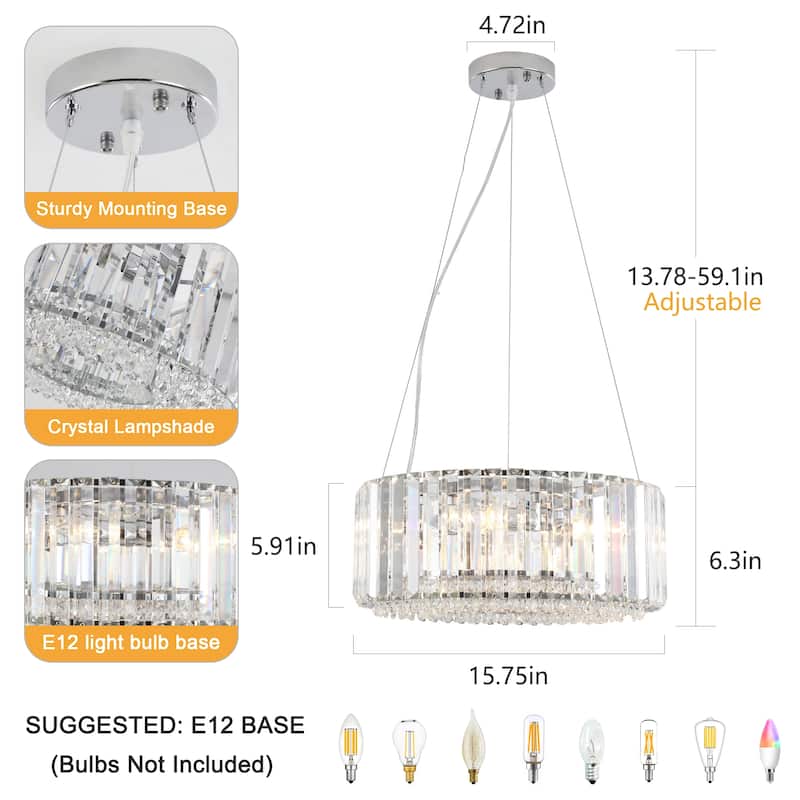 15.75 in. 5-Light Farmhouse Crystal Drum Chandelier for Dining room, Classic Semi Flush Mount Chandelier - W15.75"x H6.3"