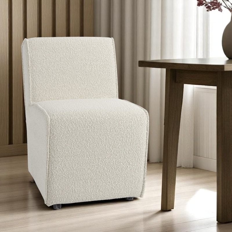 HomeRoots Cream Fully Upholstered Boucle Dining Side Chair With Wheels - 27.17 in. x 31.3 in. x 20.47 in. - Single - 27.17 in. x 31.3 in.  x 20.47 in. - Cream