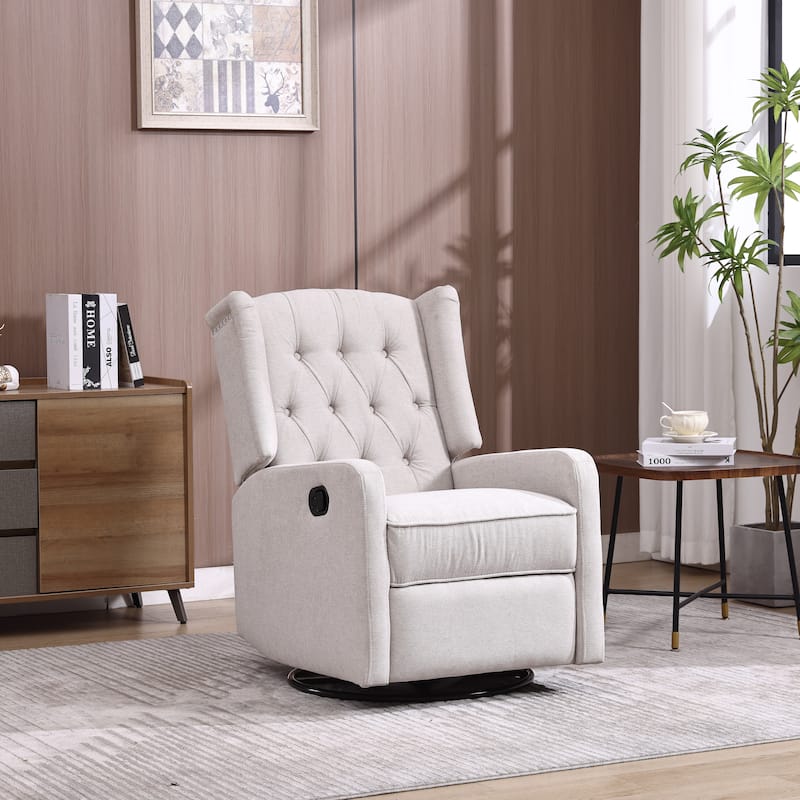 Beige Linen 360° Swivel Glider Rocker Manual Recliner with Button-tufted Backrest and Footrest for Living Room, Bedroom