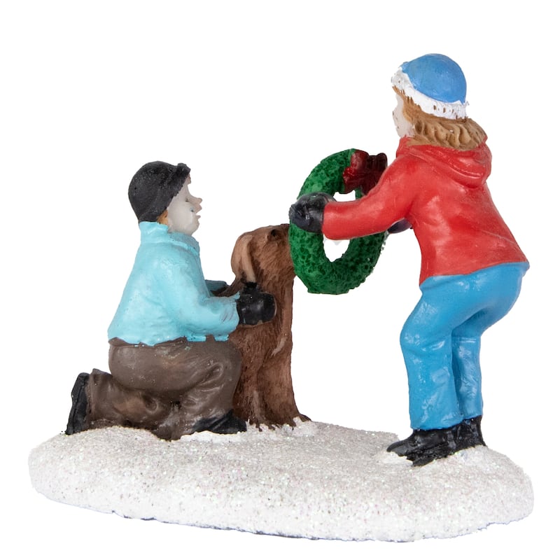 Children with Dog and Wreath Christmas Village Display Piece - 6"