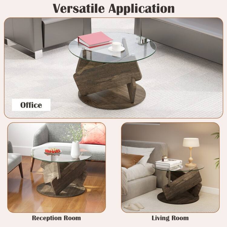 Grey Rubberwood MDF Glass Round Coffee Table with Anti-Slip Base and Modern Design - 32" x 19"