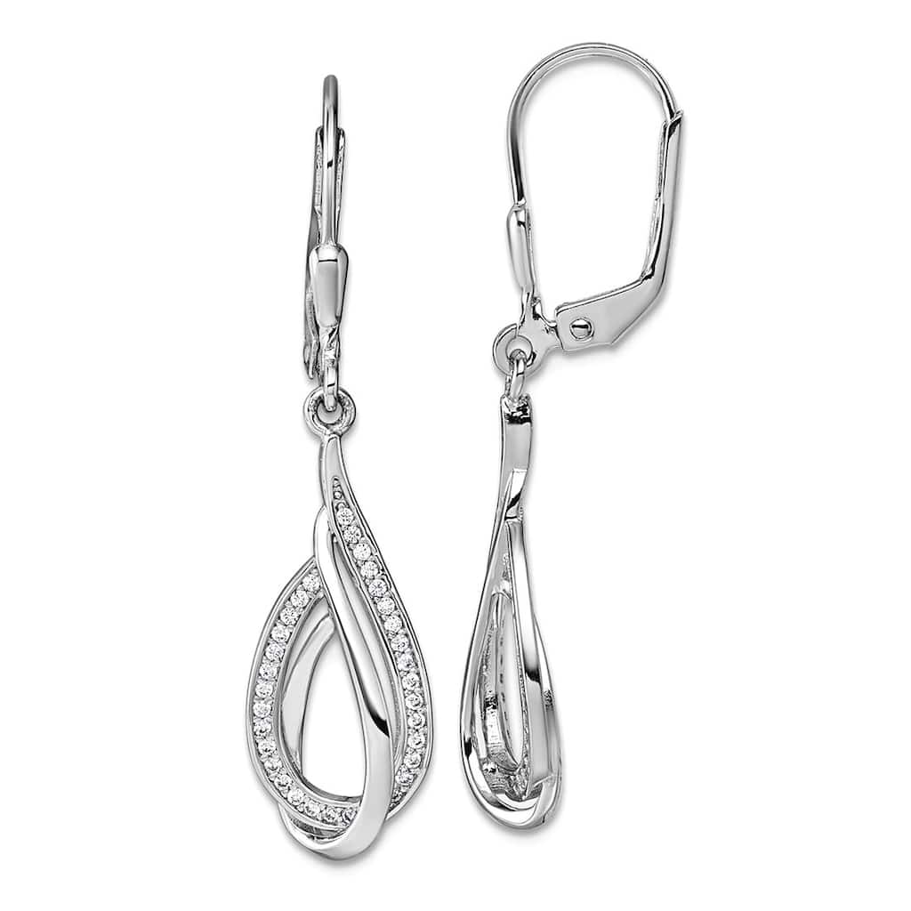 Curata 925 Sterling Silver Rhodium Cubic Zirconia Swirl Teardrop Leverback Earrings - 40x10mm