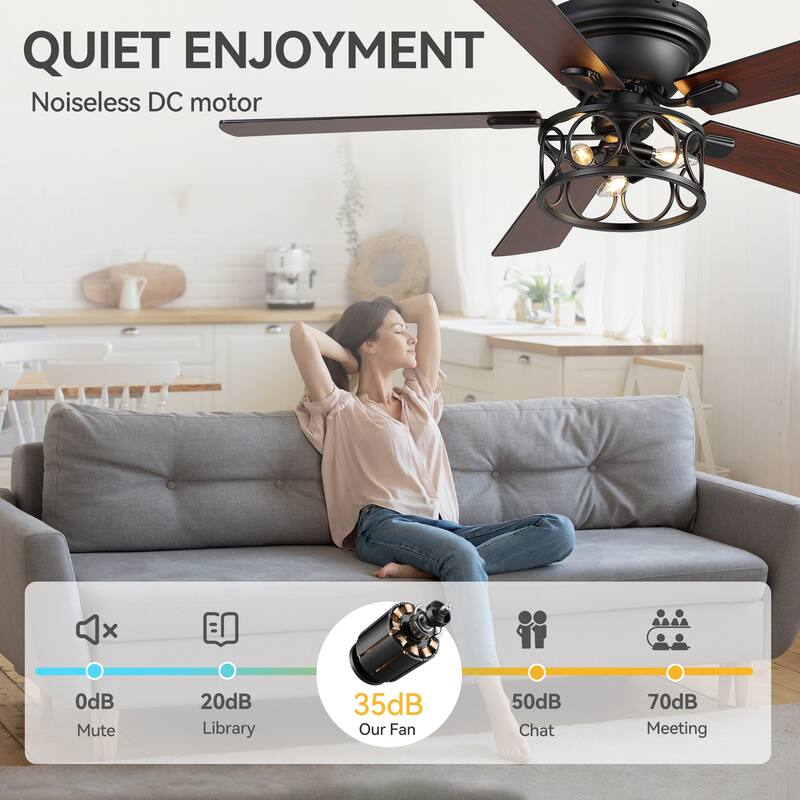 52-inch Flush Mount Caged Ceiling Fan with Light and Remote(5 Reversible Blades)