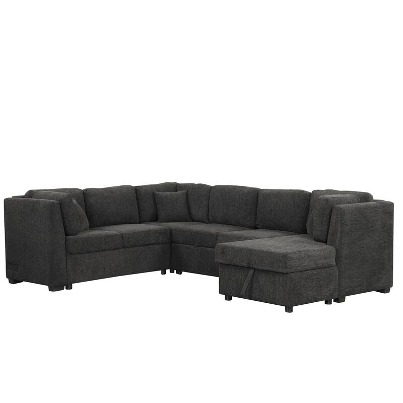 108.6" U-shaped Sectional Sofa with 3 Back Pillows & a Storage Chaise - Black