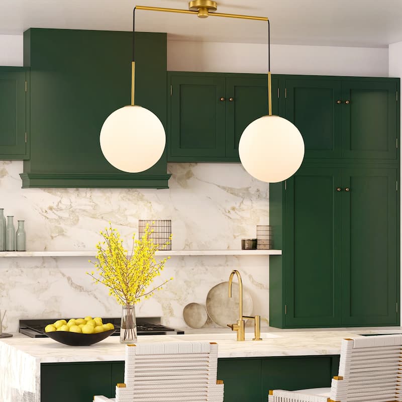 2-Light Modern Gold Linear Opal Frosted Glass Globe Bubble Kitchen Island Lights/Pendant