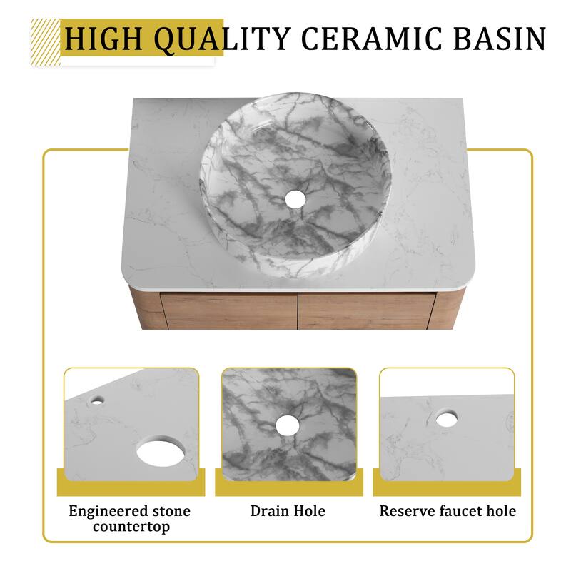 30'' Wall-Mounted Bathroom Vanity With Ceramic Art Sink & 2-Soft-Close Door, KD-Packing, Plywood