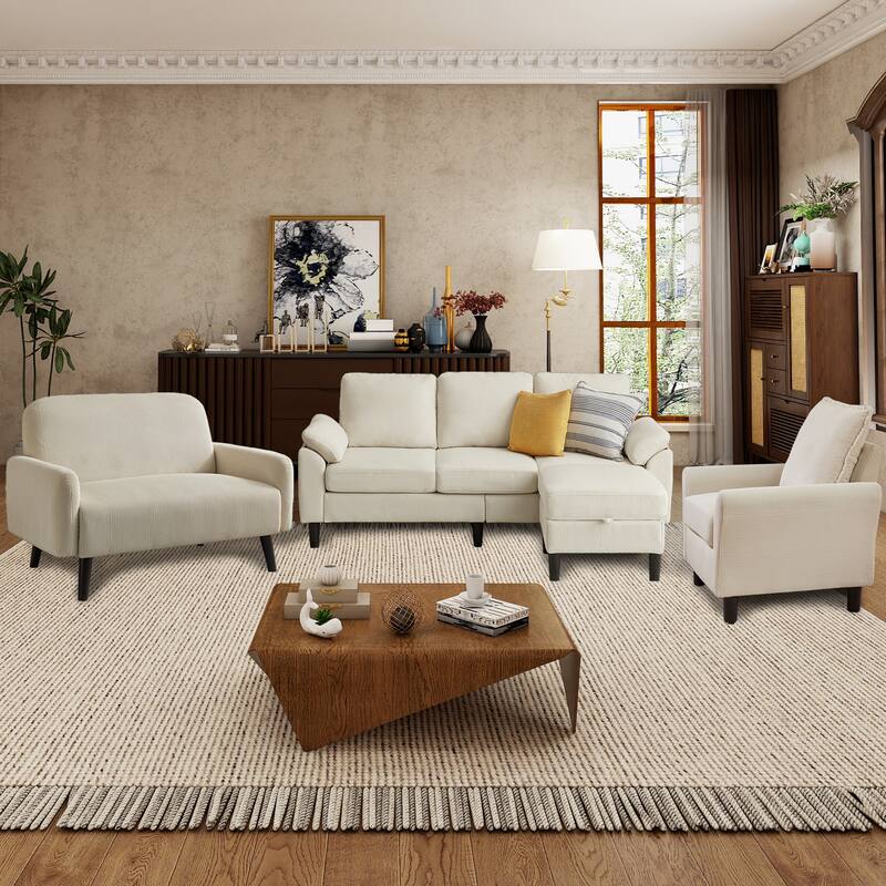4 Pieces Corduroy Living Room Sets with Sofa, Ottoman and Loveseat - Beige
