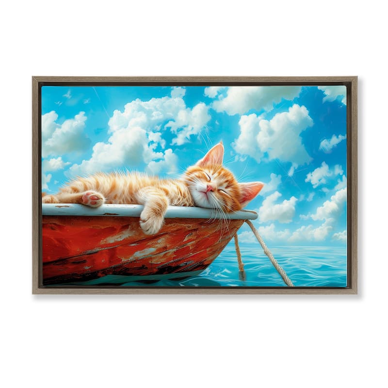 Stupell Sleeping Cat on Boat Framed Floater Canvas Wall Art Design By Parable Visions - 31 x 21 - Brown