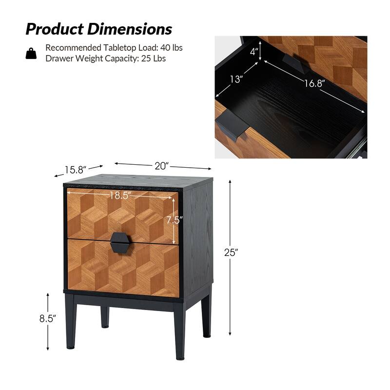 Apakah Modern 25"Tall 2-Drawer End Table with Charging Station and Adjustable Legs by HULALA HOME