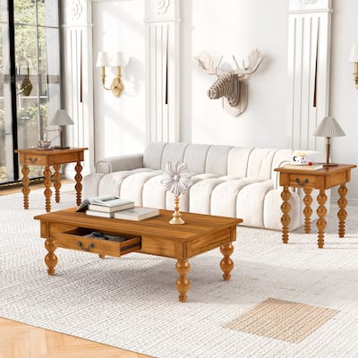 Solid Wood Table Sets of 3 with Coffee Table and 2 End Tables, Vintage Tables with Storage Drawers and Unique Gourd-Shaped Legs