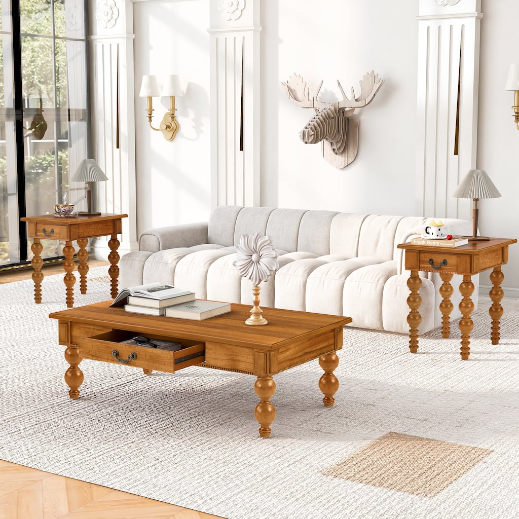 Solid Wood Table Sets of 3 with Coffee Table and 2 End Tables, Vintage Tables with Storage Drawers and Unique Gourd-Shaped Legs