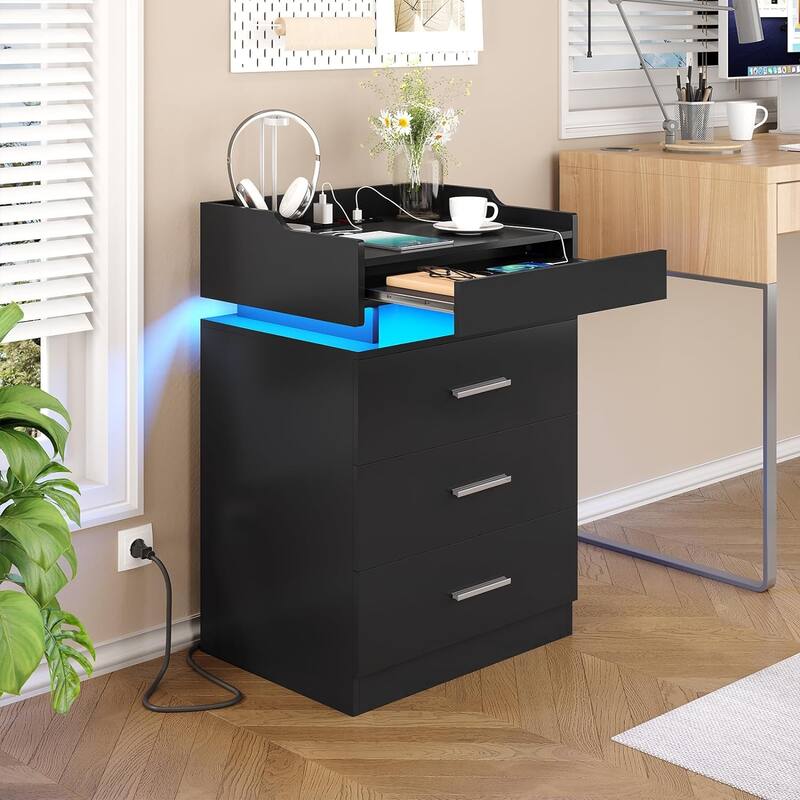 Nightstand with Charging Station and LED Lights 3 Drawers