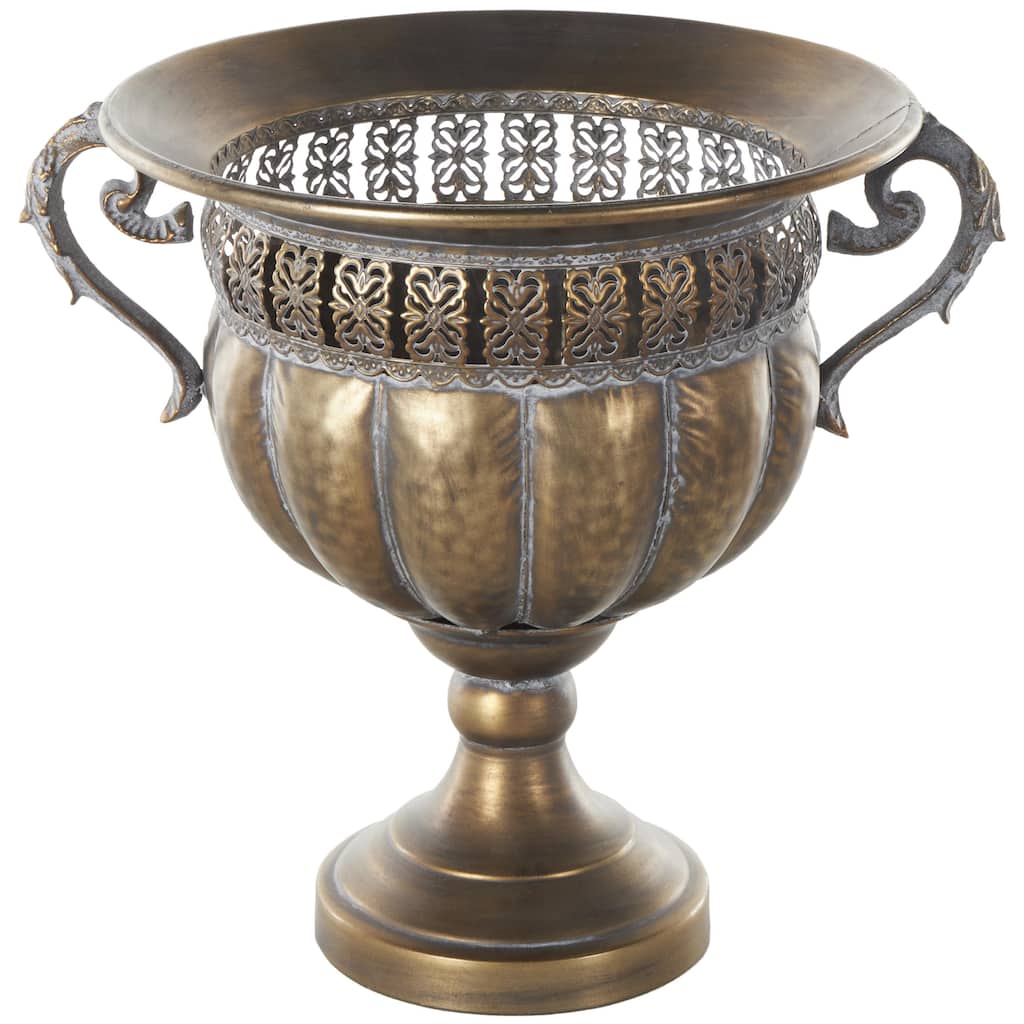 Metal Urn Shaped Decorative Vase with Hammered Details and Cut Outs - Bronze - Roche River Decor