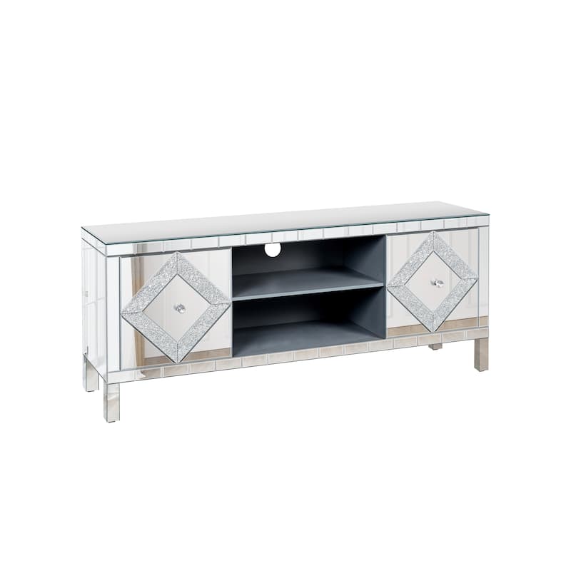 47 Inch Mirror TV Media Console with Diamond Glass Doors, Dual Door Design and Open Storage Space
