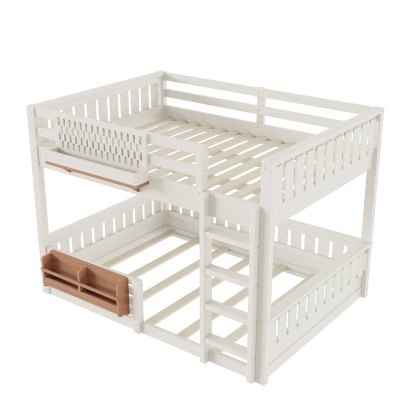 Roomfitters Queen over Queen Bunk Bed with Bookshelf and Pegboard, Solid Wood Split Frame