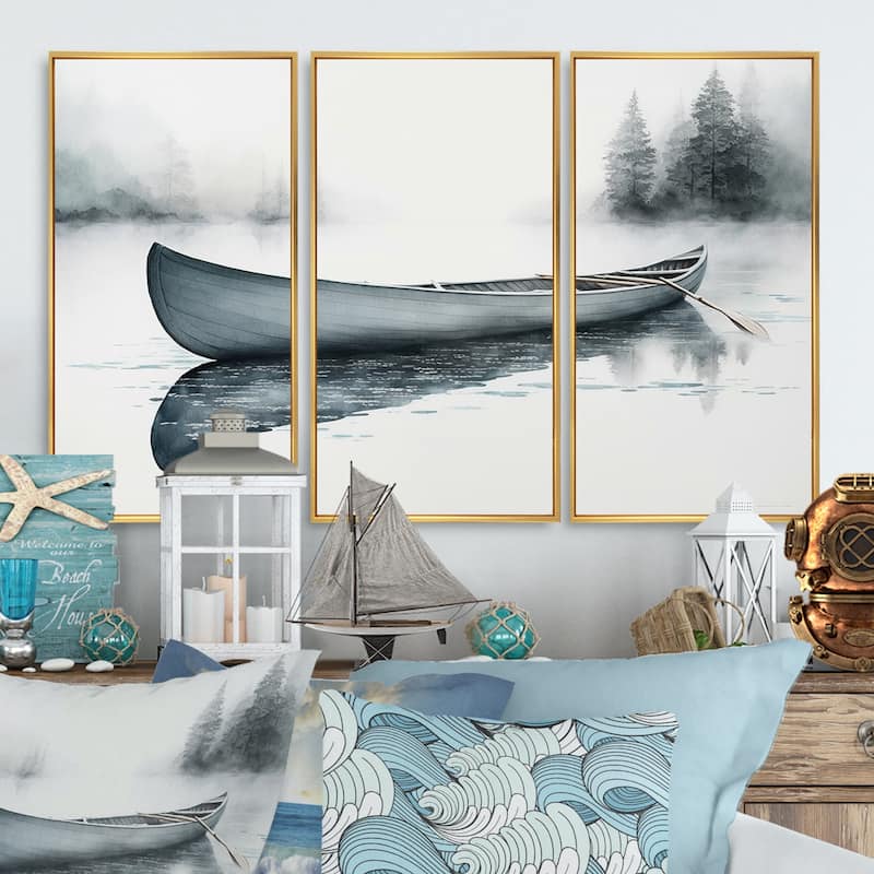 Designart "Canoe On The Lake II" Coastal Boat Framed Canvas Art Print - 3 Panels - 36 in. wide x 28 in. high - 3 Panels - Gold