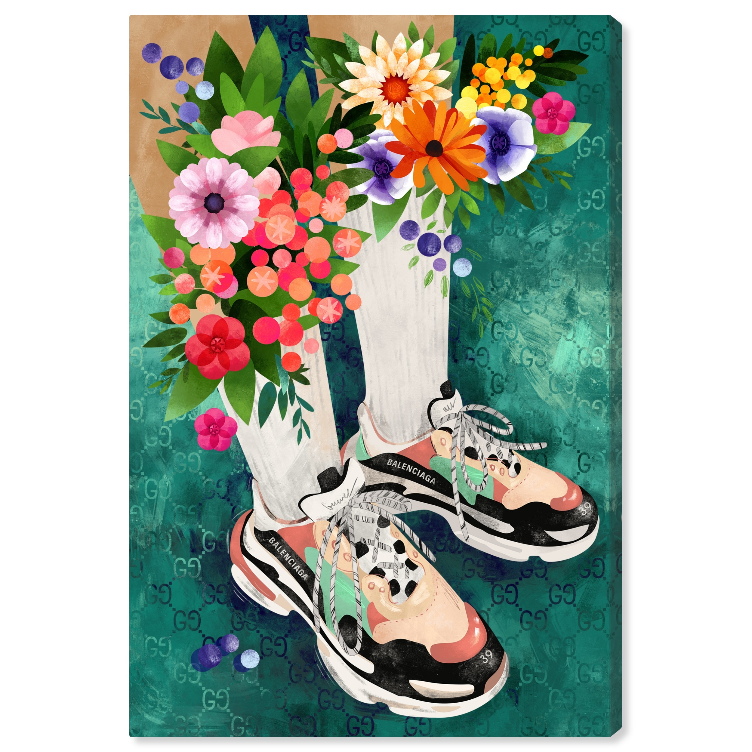 %22Blooming Socks and Sneakers%22%2C Colorful floral sneaker outfit Modern Green Canvas Wall Art Print for Bedroom