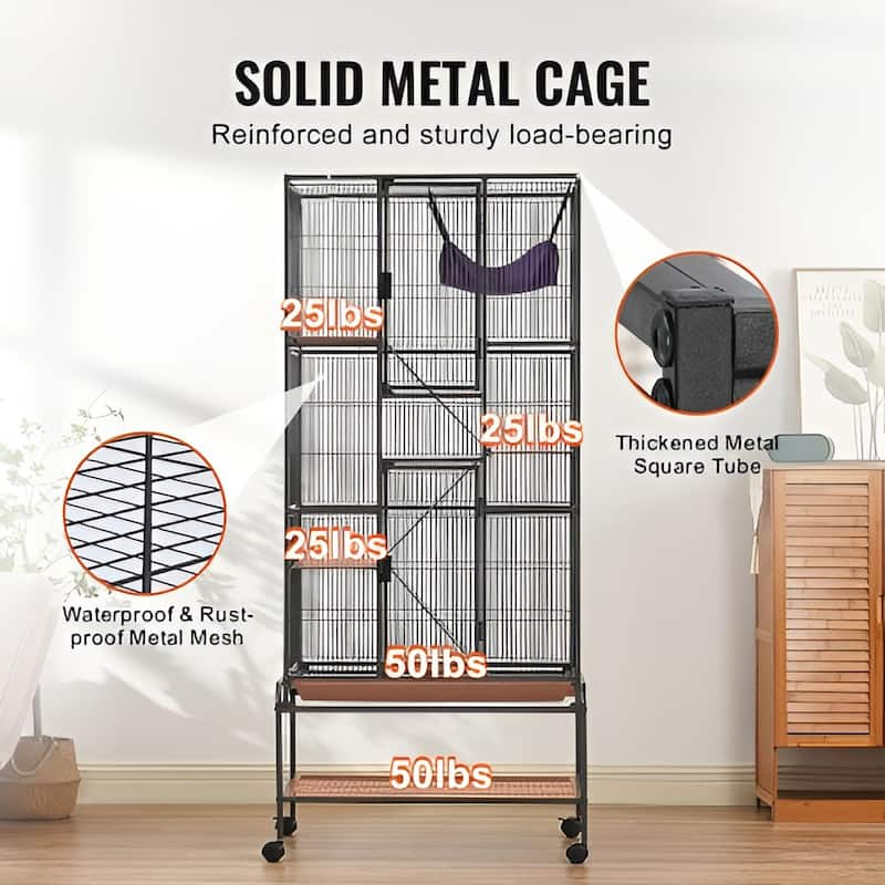 Black Iron & Plastic Ferret Cage with 4 Platforms, Rolling Wheels & Storage - Multi