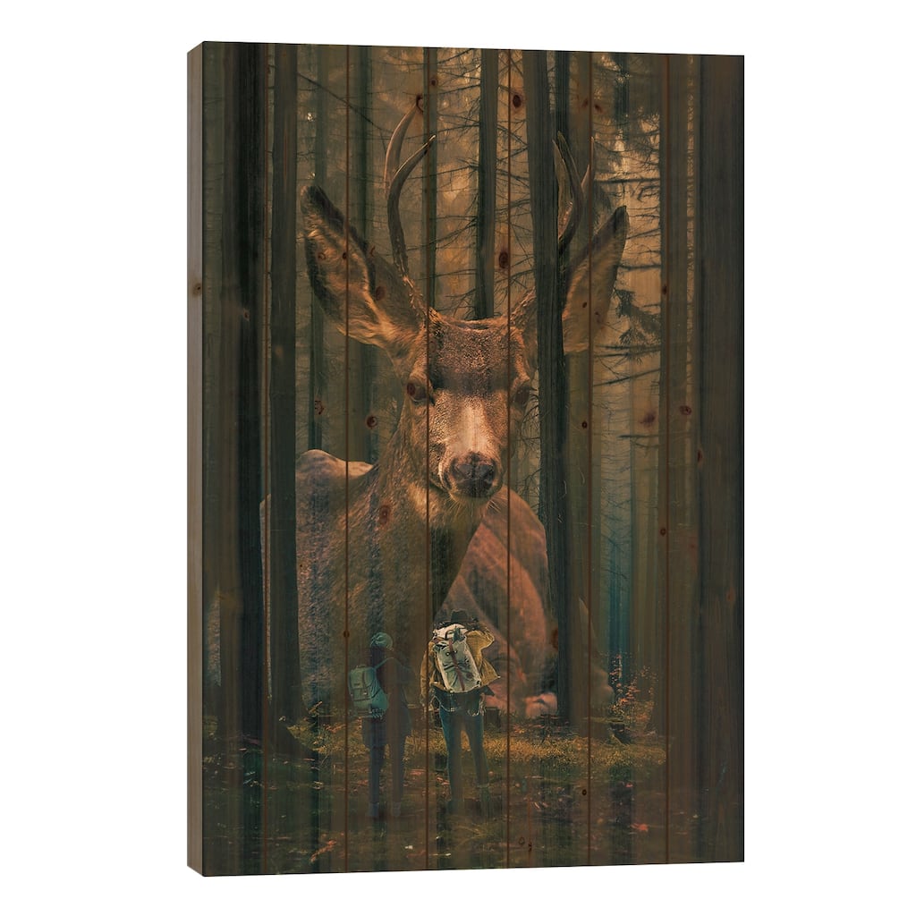 Giant Deer In A Forest Print On Wood by David Loblaw - Multi-Color