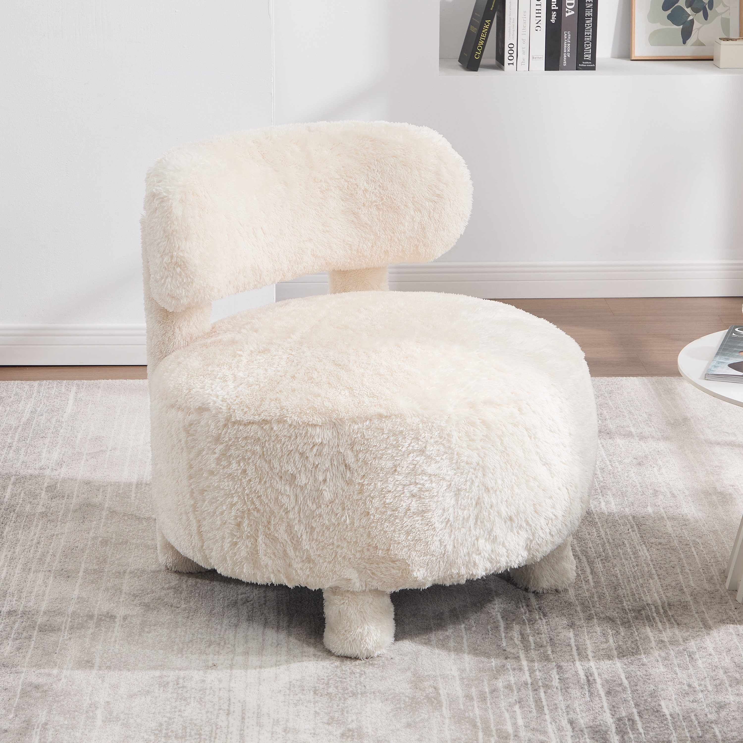 Fur Fabric Armless Accent Chair Curved Backrest Solid Wood Legs Living Room Bedroom