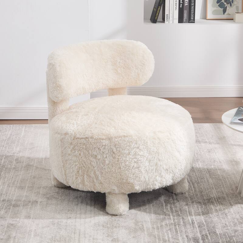 Fabric Armless Accent Chair with Curved Backrest & Solid Wood Legs - White-Faux Fur