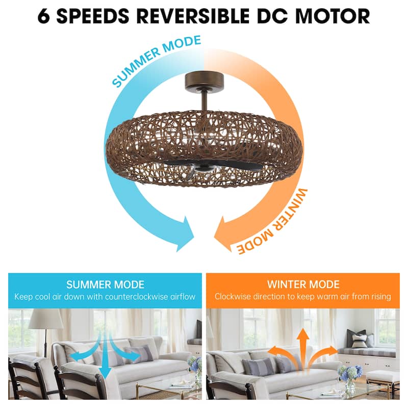 Perimost 35" Coastal Rattan 6-Speed Caged Ceiling Fan with Light and Remote