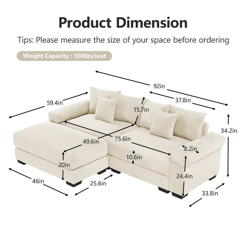 Roomfitters 82.6"/92" Modular L-Shape Sectional, Corduroy Cloud Couch with Ottoman & 6 Pillows