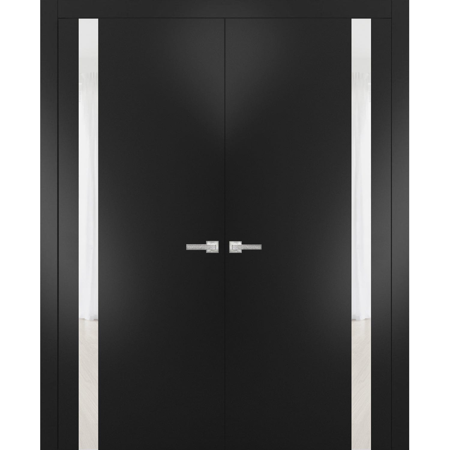 Solid French Double Doors Planum 0040 Matte Black with White Glass Wood Solid Panel Frame Trims Closet-36x80 (2*18x80)