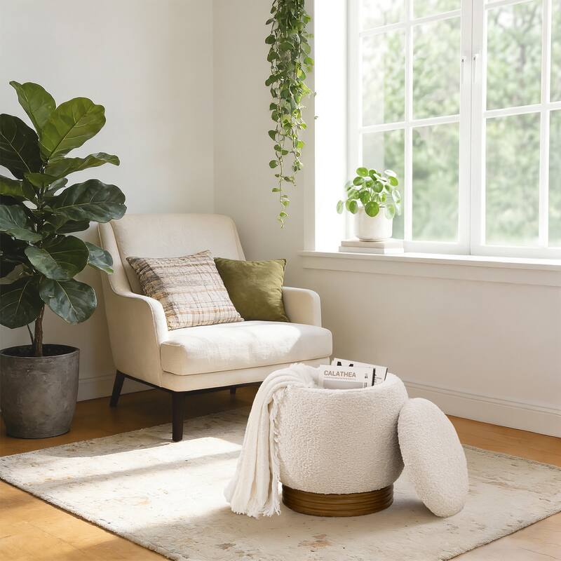 Fully Assembled Round Storage Pouf Ottoman Footstool with Flip-top and Acacia Solid Wood Frame