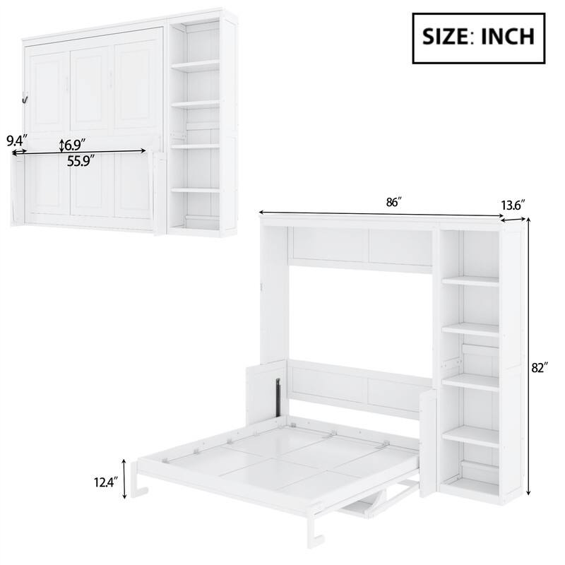 Full/Queen Size Murphy Bed with Bulit-in Desk and Bookshelf, Foldable Murphy Cabinet Bed with Open Storage Shelves
