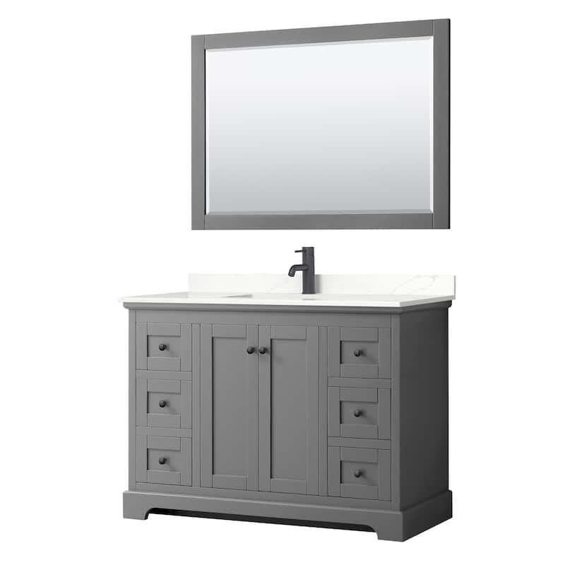 Avery 48-inch Single Vanity, Quartz Top, 46-inch Mirror - Dark Gray, Black Trim, Giotto Quartz Top
