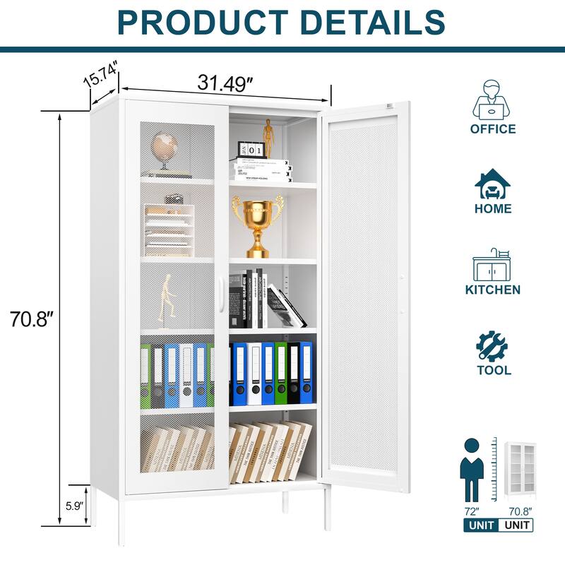 73 inches high metal storage cabinet with 2 wire mesh doors, suitable for homes, offices and dining rooms - White