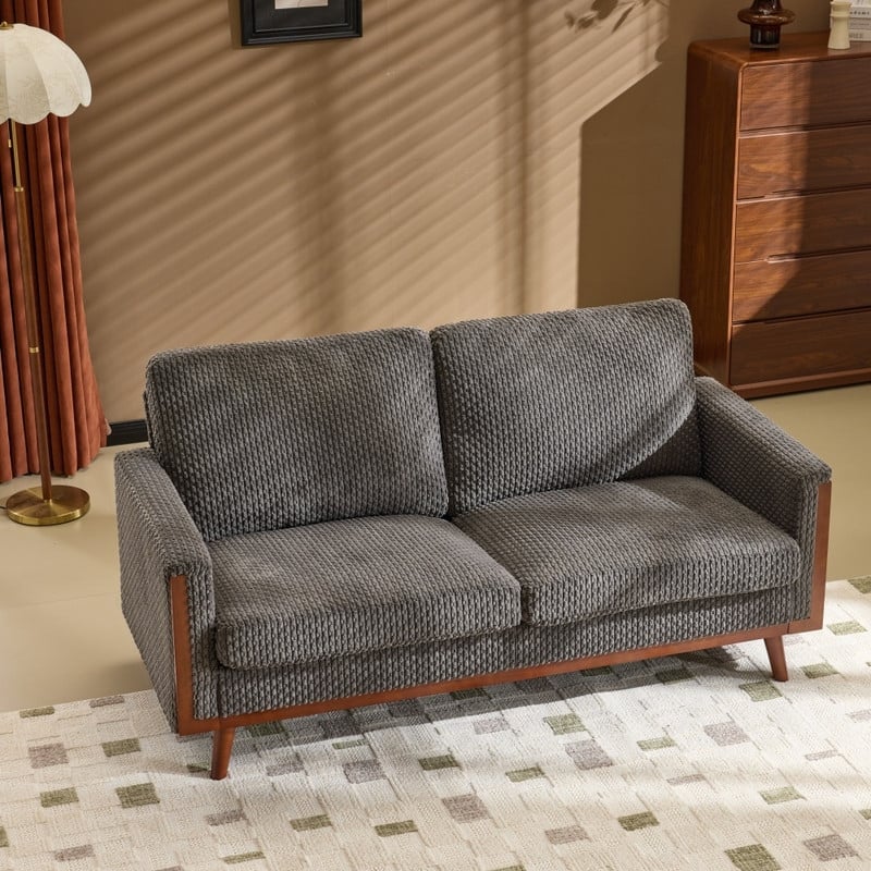 Modern Farmhouse Velvet Upholstery Loveseat With Solid Wood Frame Compact 2-Seater Couch For Small Space - Dark Gray