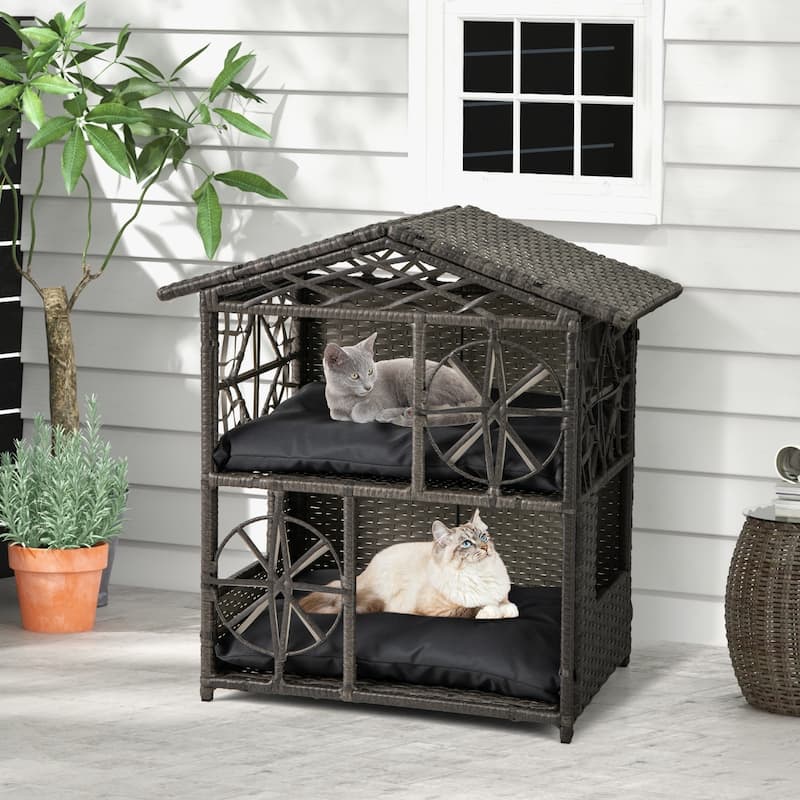 Grey 2-Tier Rattan Cat House with Cushions Outdoor Elevated Pet Shelter for Small to Large Cats - 27" x 16" x 27.5"