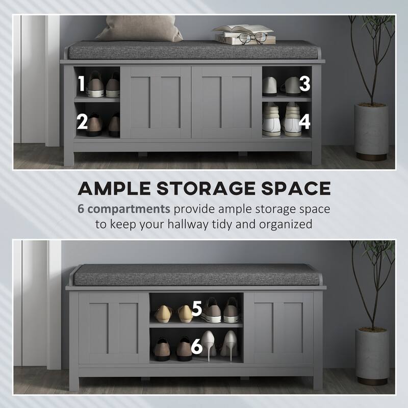 Modern 6 Compartments Shoe Storage Bench with Linen Fabric Cushioned Seat and Sliding Doors - 44" W x 15.75" D x 19.75" H