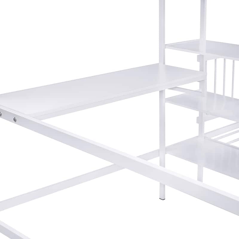 Full Over Twin Metal Bunk Bed with Desk and Shelves - Space-Saving Design