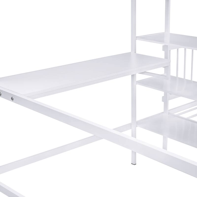 Versatile Full/Twin Bunk Bed with Built-in Desk, Shelves, and Storage - White Metal Frame
