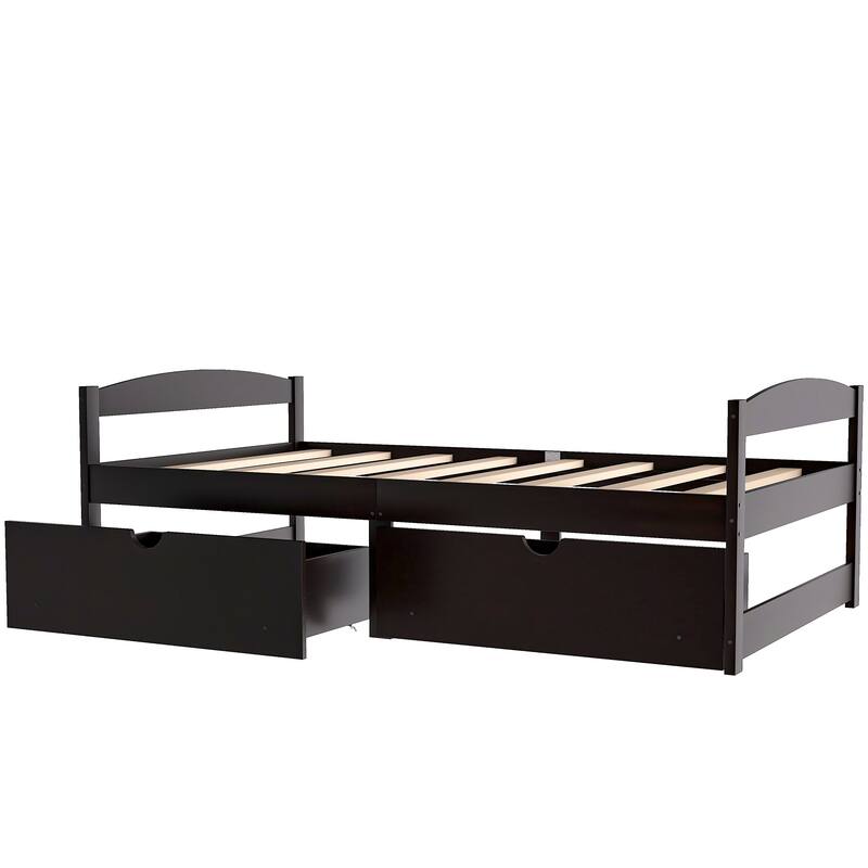 Twin Size Platform Bed with 2 Drawers in Espresso Finish, Space-Saving Storage