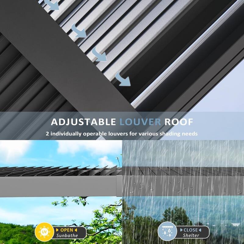 Louvered Pergola 10 x 12ft Outdoor Aluminum Pergola with Adjustable Roof for Gardens