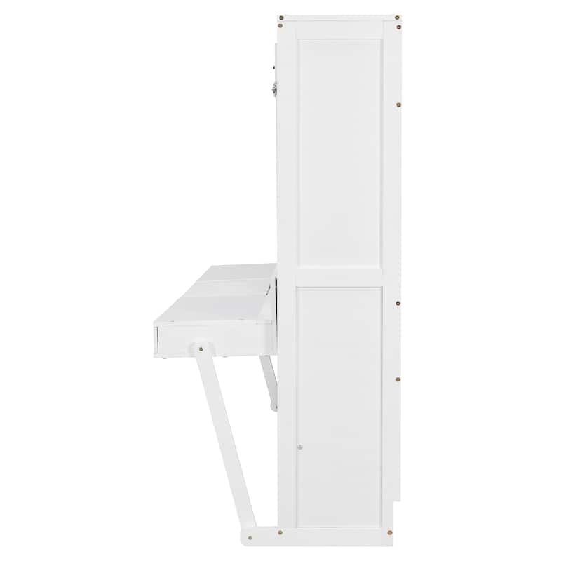 Foldable Wall Cabinet Bed Queen Size Hydraulic Lift Murphy Bed with Integrated Vanity Desk, Center Mirror and Side Drawers