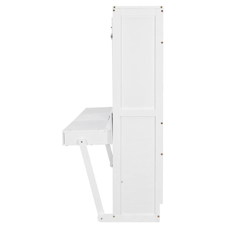 Queen Size Foldable Wall Bed with Storage and Vanity Desk, White