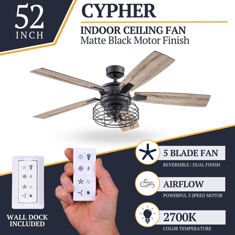 52" Prominence Home Cypher Matte Black Indoor Industrial LED Ceiling Fan with Light, Remote Control - 52