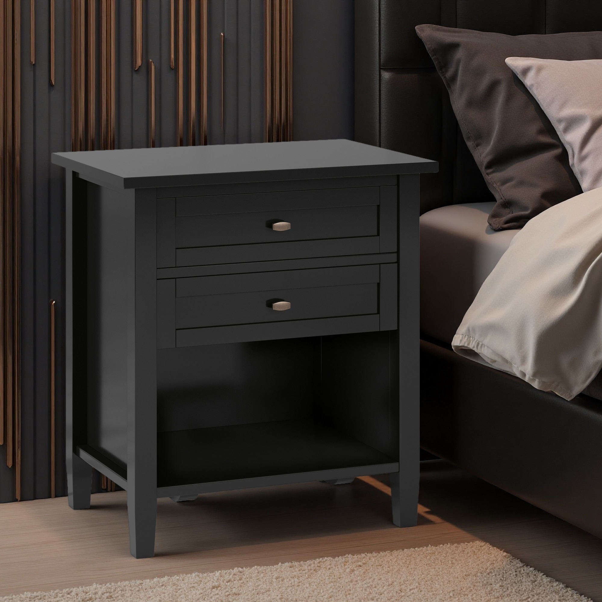 24"L Solid Wood Warm Shaker Bedside Table, 2-Drawer Nightstand with Lower Shelf, Tobacco Brown Finish, Transitional Design