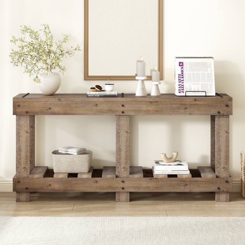 62.9" Cedar Entry Table‌ – 6 Reinforced Legs, 4.5" Thick Top, Metal Rivets & Shelf